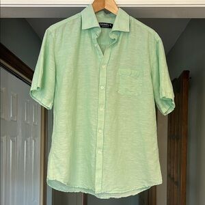 Men’s Short Sleeve Button Down Cotton Linen Shirt Size L Mint Light Green